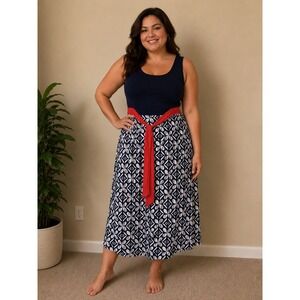 Navy Blue‎ Geometric Maxi Dress Orange Waist Tie Womens 16W Nautical Vacation